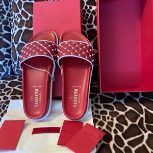 Valentino Garavani Red and White Slide Sandals